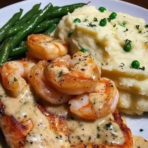Cajun shrimp and salmon in a creamy garlic sauce, served on a plate.