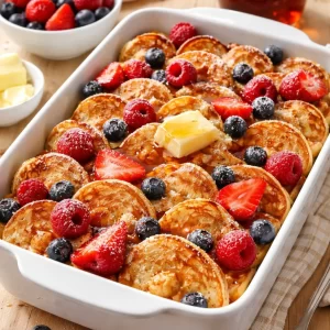 Delicious pancake casserole baked and served with syrup and fresh berries.